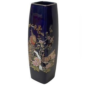 VINTAGE Asian Japanese Vase Peacocks Floral Square Mouth Base Cobalt Blue